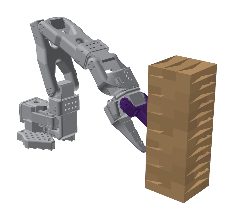 Rendered SO-101 robot arm posed with its gripper at a Jenga tower, generated from the robot's URDF.